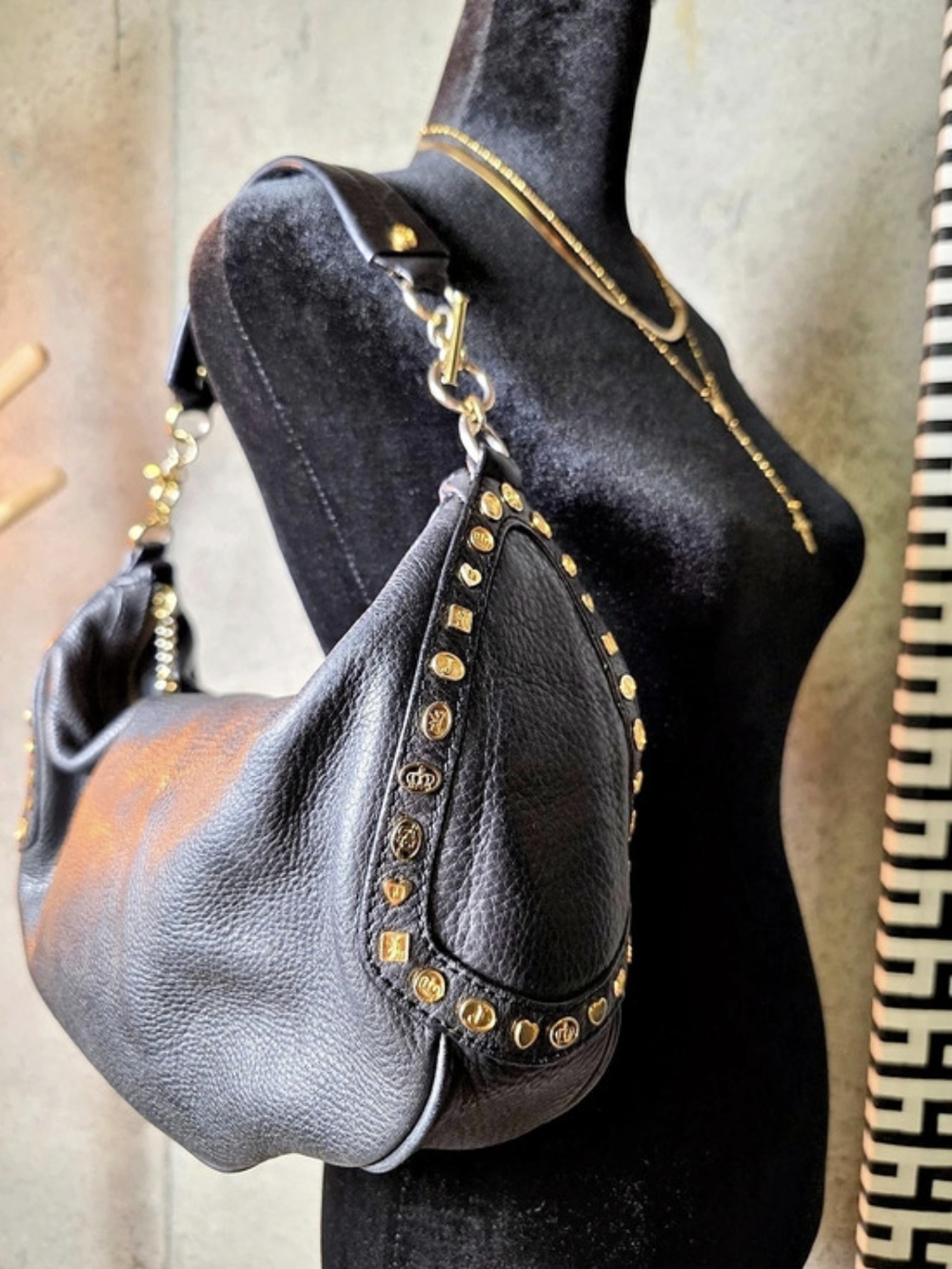 🔥 Authentic Vintage Y2K Juicy Couture Black Leather Studded Princess Hobo Bag